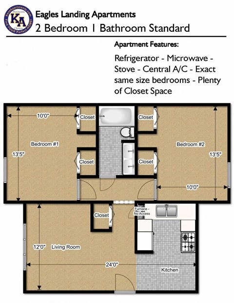 Floor plan for 2 beds, 1 bath, 730 sqft